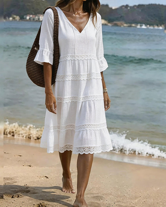 Robe Col V Dentelle Patchwork Manche Moyenne