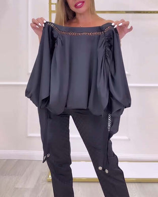 Blouse Manches Lanternes Épaule Dénudée Unie