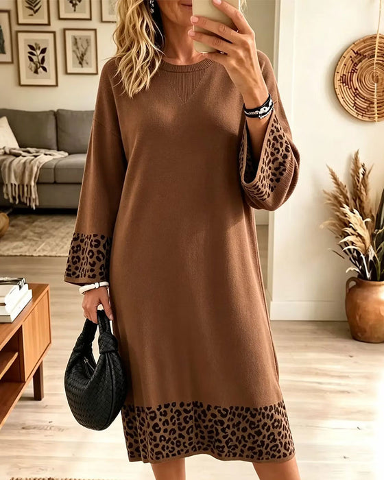 Robe Imprimé Léopard Col Rond Panneaux Shift