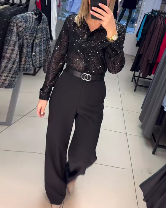 Chemise À Paillettes Avec Boutonnière Et Col