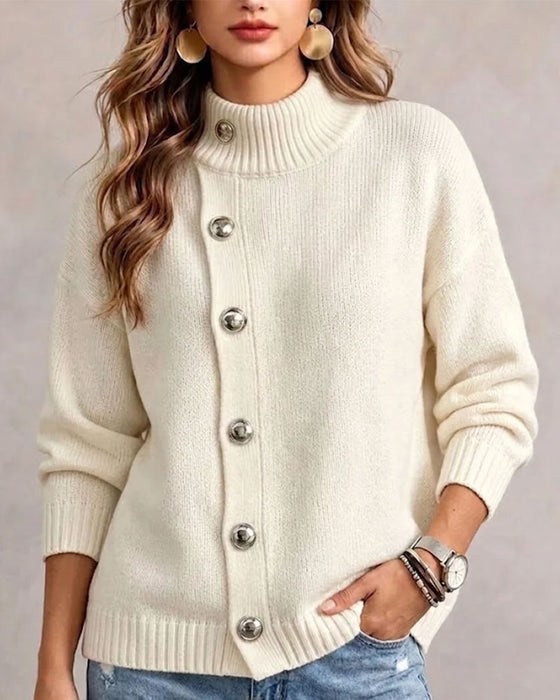 Pull-Over Col Roulé Bouton Diagonal Décontracté