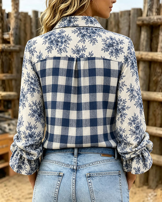 Chemise Fleurie À Carreaux Revers Manches Longues