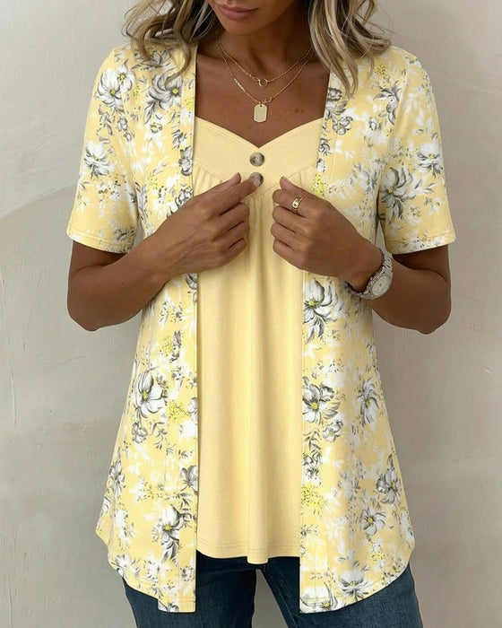 T-Shirt Imprimé Floral Fausse Deux Pièces