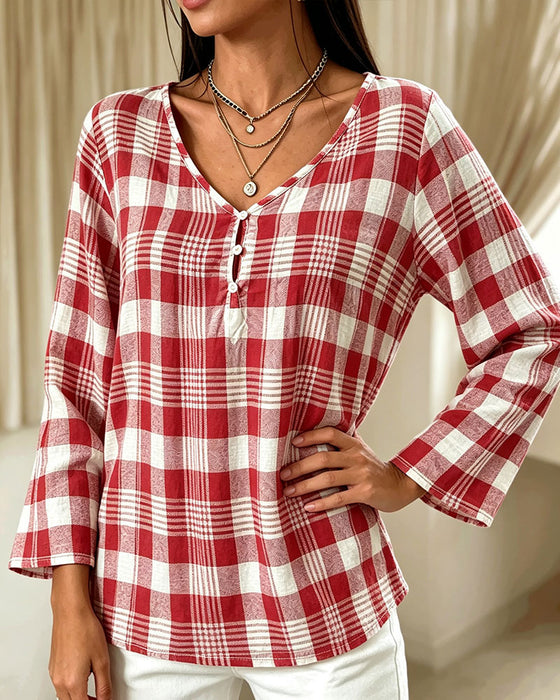 Blouse Élégante Col En V À Carreaux Manche Coude