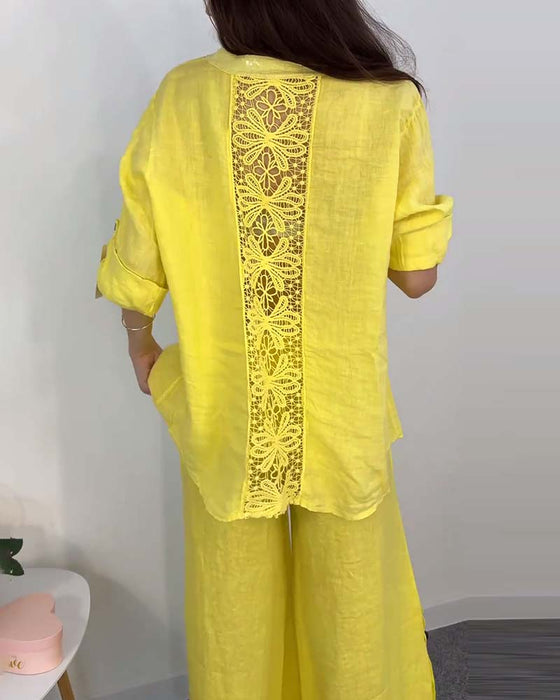 Ensemble chemisier et pantalon large en dentelle avec poche boutonnée et couleur unie