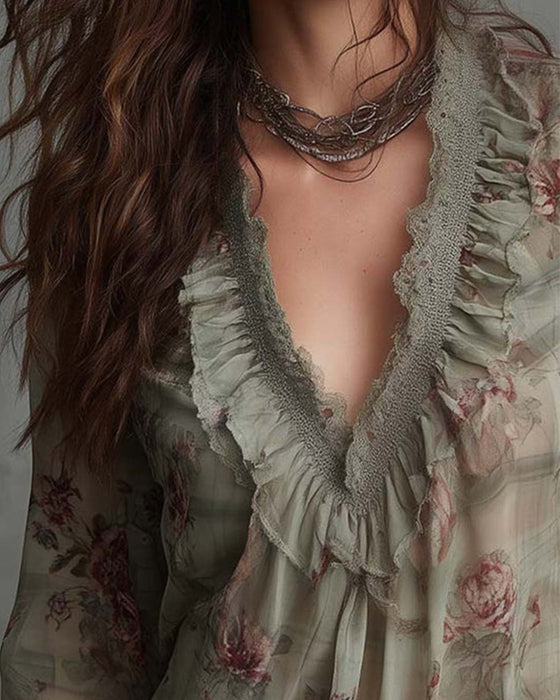 Blouse Fleuri Col V Froncé