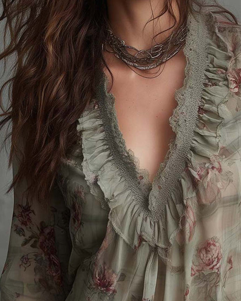 Blouse Fleuri Col V Froncé