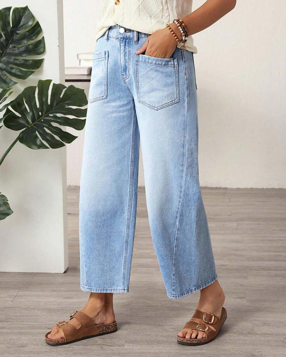 Jean Denim Taille Élastique Large Jambe Cropped