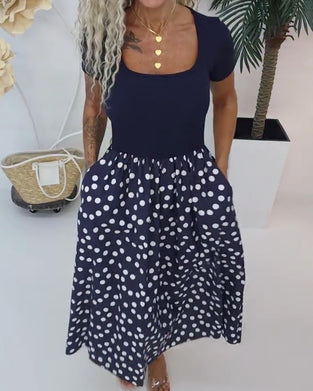 Robe Col Carré Polka Dot Patchwork