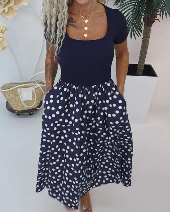 Robe Col Carré Polka Dot Patchwork