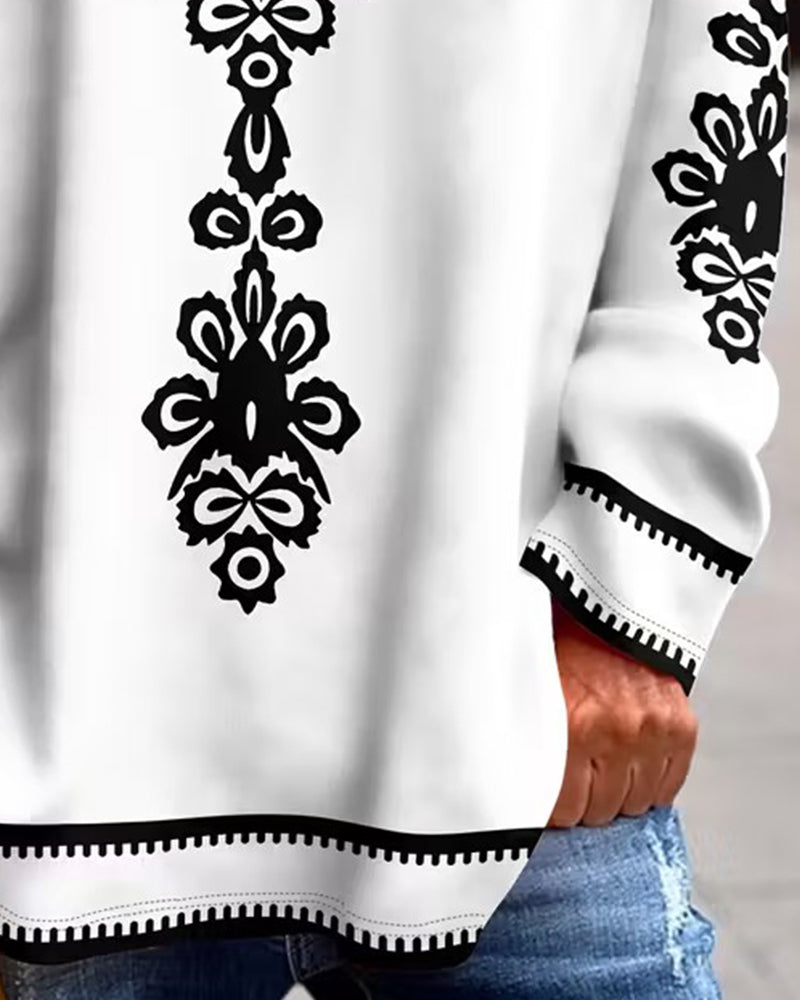 Farbig kontrastierter V-Ausschnitt Gemustertes Langarmtop