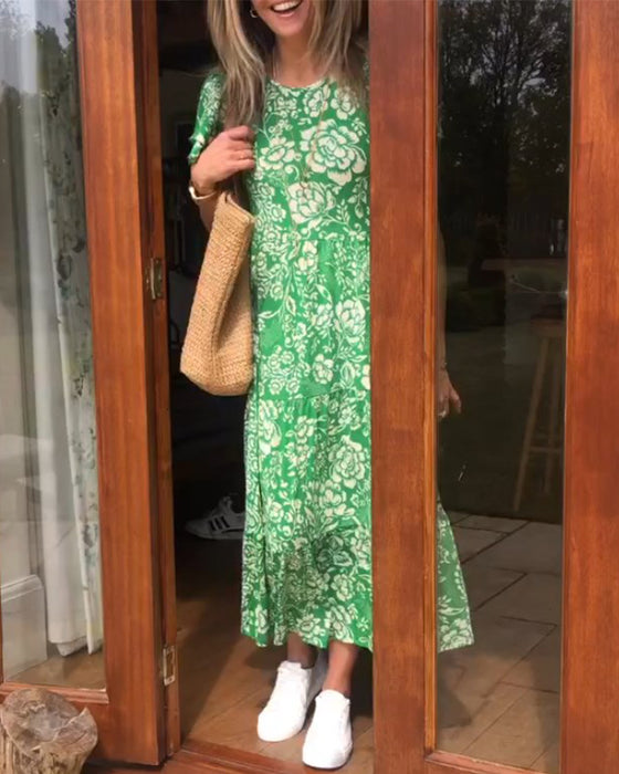 Robe longue à manches courtes imprimée de fleurs