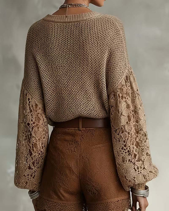 Pullover Dentelle Découpe Patchwork Manche Lanterne