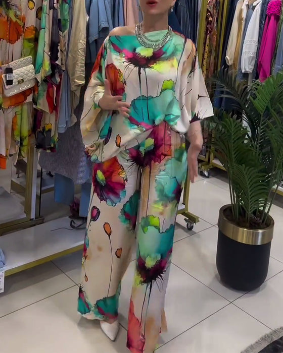 Ensemble asymétrique à manches trois-quarts à imprimé lotus