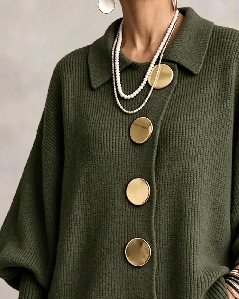 Cardigan Grand Bouton Métallique Revers