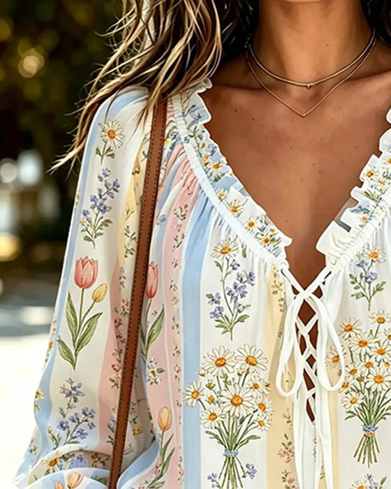 Blouse Bloc De Couleur Florale Attache Col V