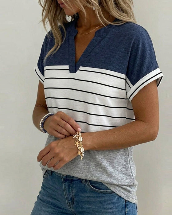 T-Shirt Col V Contraste Rayure