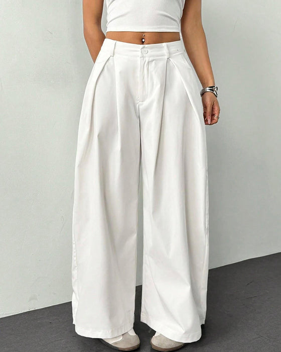 Pantalon Taille Haute Plissé Jambe Large Décontracté