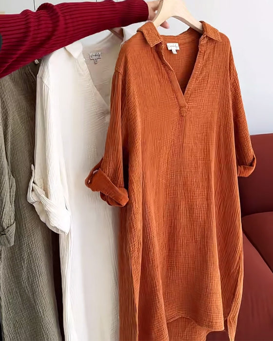 Robe Manches Longues Unie Simple Col Revers