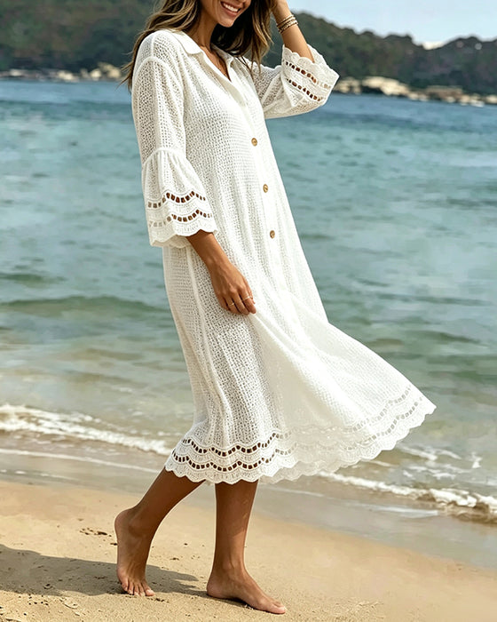 Robe Col Chemise Bouton Dentelle Patchwork