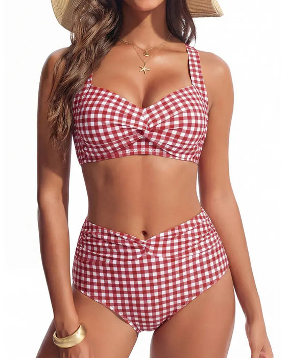 Bikini À Carreaux Taille Haute Nœud