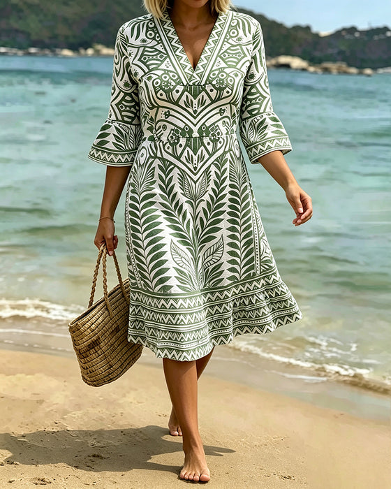 Robe Col V Manches Volant Imprimé Feuilles