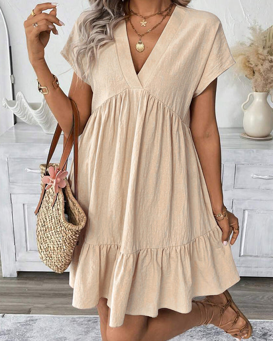 Robe Unie Col-V Volant-Garni