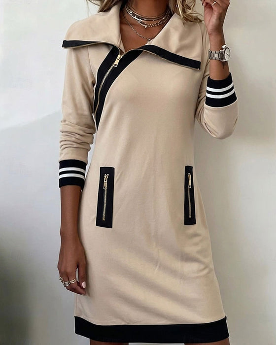 Robe Fermeture Éclair Oblique Col Droit