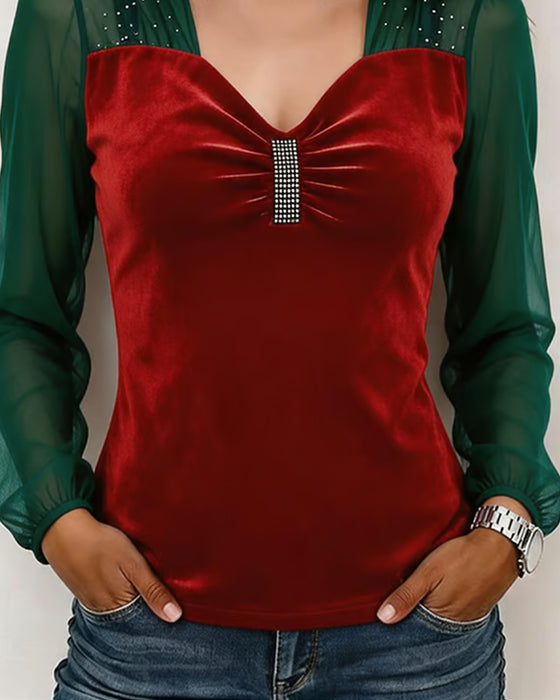 Blouse Col En V Froncé Maille Bloc De Couleur Coupe Ajustée