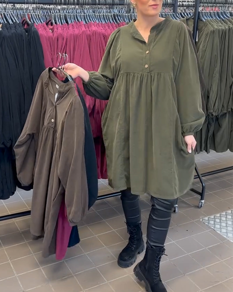 Robe Boutonnée À Col En V Et Manches Longues