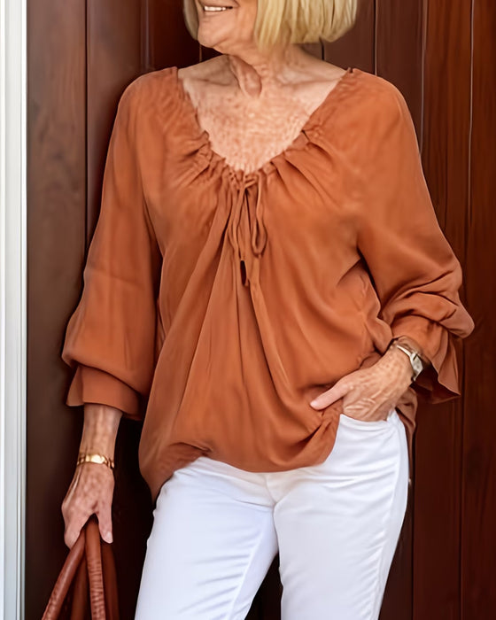 Blouse Col V Froncée Attache Décontractée