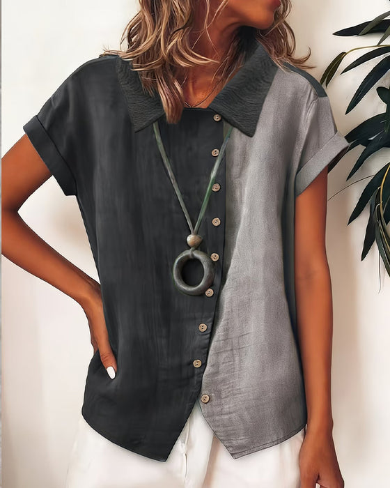Chemise À Revers Bloc Couleur Manches Courtes