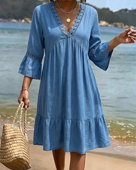 Robe Col En V Manche Évasée Froncée