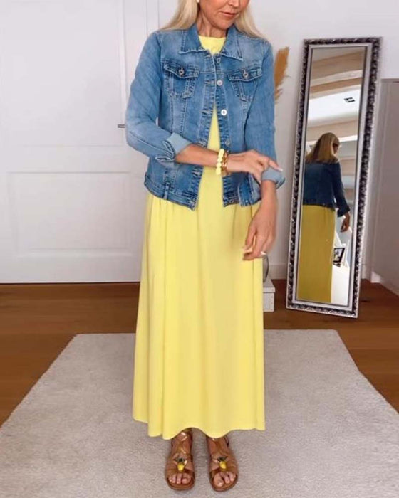 Robe Décontracté Col Rond Uni Droit