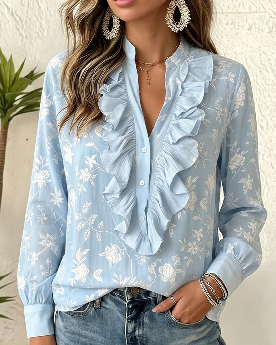 Blouse Bouton Devant Volant Col En V Manches Ballon