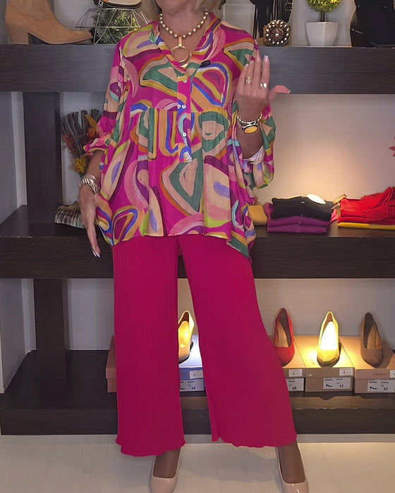Blouse Colorée Géométrique Manches Ballon Imprimée