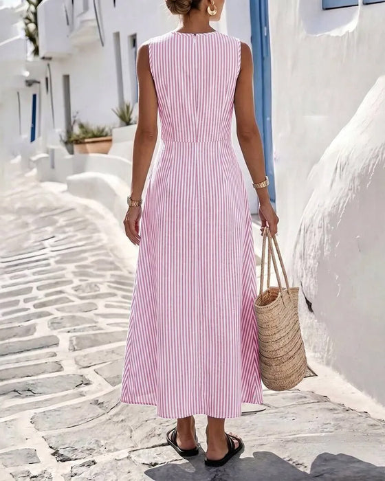 Robe Rayure Twist Taille Sans Manches Maxi