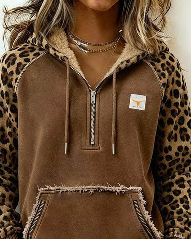 Sweat À Capuche Zippé Color-Block À Imprimé Léopard