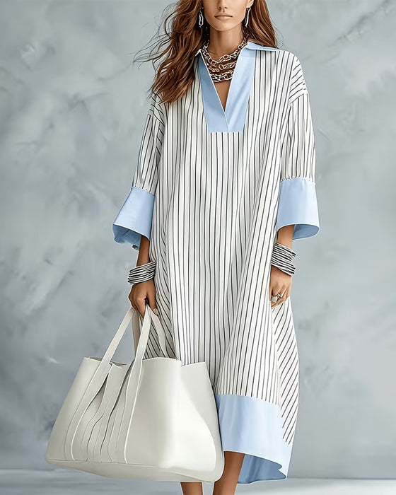 Robe Bloc De Couleur Rayée Chemise Longue