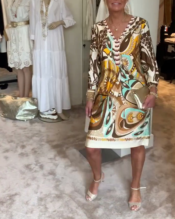 Robe décontractée à col en V et imprimé rétro