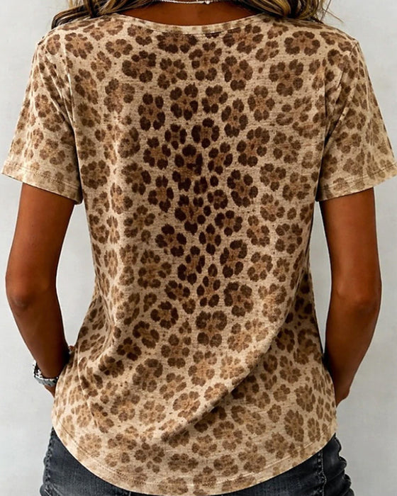T-Shirt Col-V Léopard Imprimé Dégradé Manche-Courte