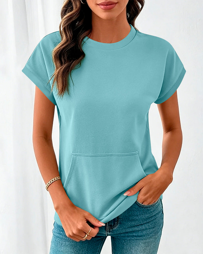 Blouse Poche Devant Unie Col Rond
