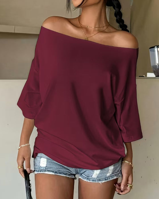 Blouse Une Épaule Manche Chauve-Souris Unie