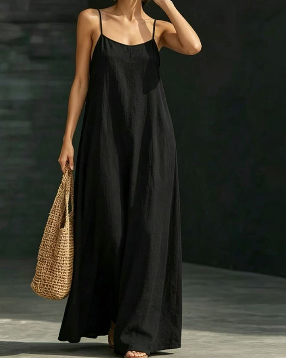 Robe Couleur Unie Bretelles Spaghetti Poche Longue