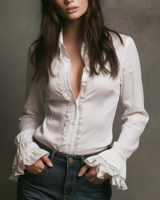 Blouse Garniture De Dentelle Manche Cloche