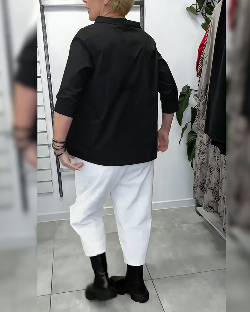 100% Coton Blouse Col Large Couleur Unie Décontracté