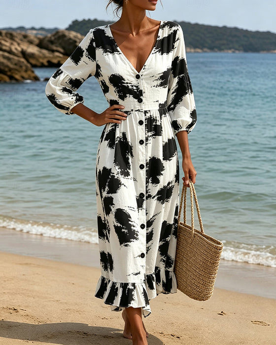 Robe Col V Bouton Bloc De Couleur