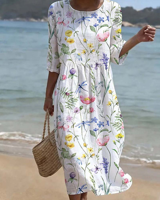 Robe Manche Courte Florale Col Rond A-Ligne