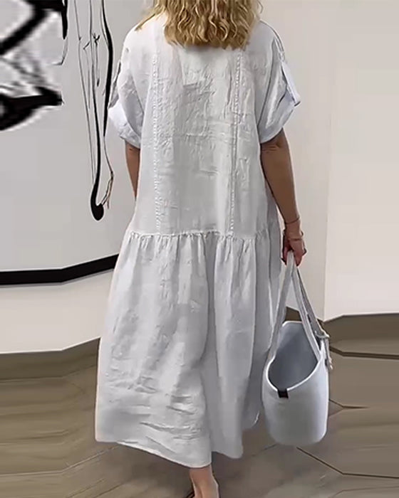 Robe Col V Bouton Plissé Jupe Large