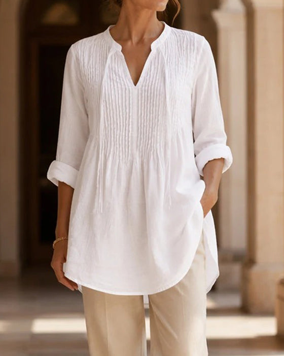 Blouse Col En V Cordon De Serrage Unie